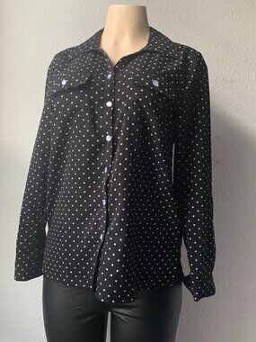 Black White Polka Dot Long Sleeve Button Down Blouse Notations Womens Size S